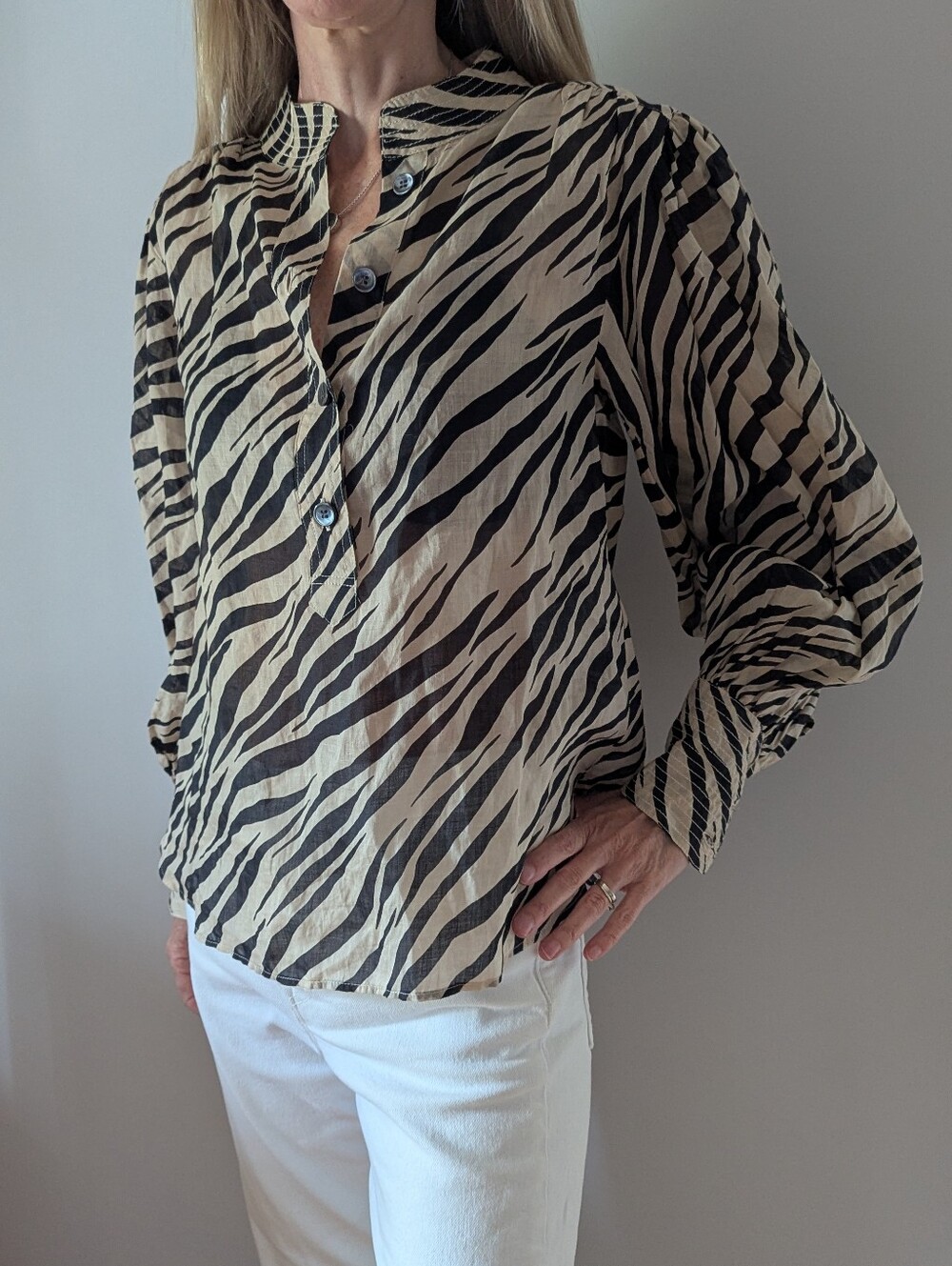 Banana Republic Beige and Black Zebra Print Button Pullover Top
